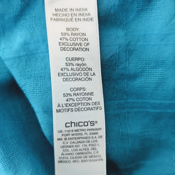 Chicos Top Womens Size (2) US L / 12 Teal Ballon Sleeve Rayon/Cotton - Picture 12 of 13